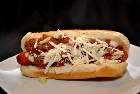 Chili Dog with Onion and Cheeseの写真素材