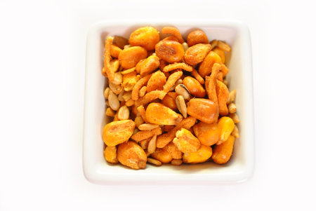 Top View of Spicy Trail Mix in a Square Bowl