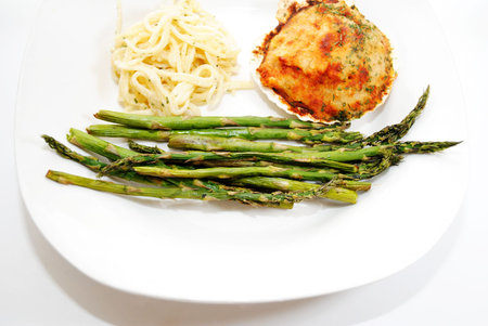 A Vegetarian Meal of Stuffed Clam, Asparagus and Pastaの写真素材