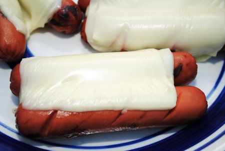 Hot Dogs on a Plate with Melted Cheese