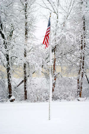 American Flag During a Snow Stormの写真素材