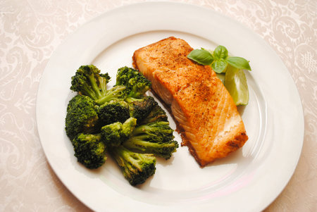 Fresh Baked Salmon with a Side of Broccoliの写真素材