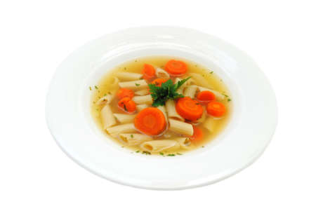 Vegan Penne Vegetable Soup Served in a White Bowlの写真素材