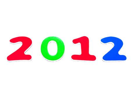 Year 2012 out of red, green, and blue numbers on a white background