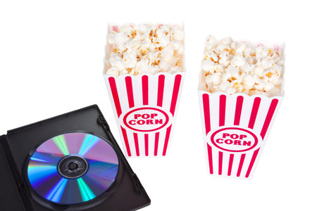 Popcorn in boxes for two with a DVD for movie night