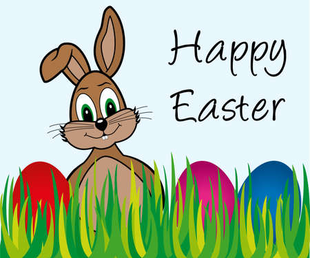 Happy Easter - Easter bunny in the grass with Easter eggsのイラスト素材