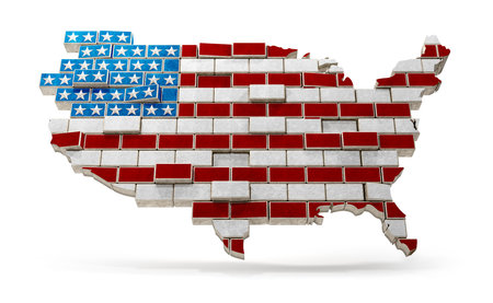 North America Map made with bricks american flagの写真素材