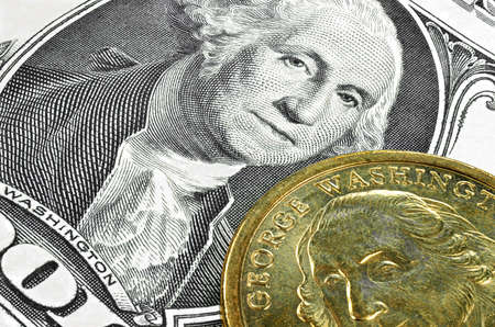 dollar bill and dollar coinの写真素材