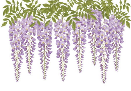 A beautiful illustration of hanging clusters of light purple wisteria flowers and vibrant green leaves against a white background.の素材