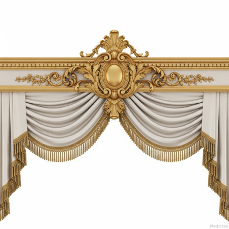 Experience opulent window dressing with this richly detailed curtain swag. Featuring a luxurious golden valance and delicate tassel fringe, it adds a touch of classic grandeur to any room.の素材