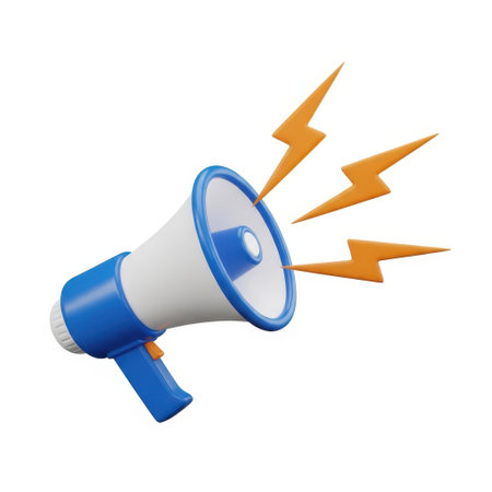 A 3D rendered image of a megaphone, colored white and blue, projecting a loud announcement. Three orange lightning bolts emanate from the megaphone's opening, symbolizing speed, power, and urgent communication. This visual effectively conveys a message of important news or a significant alert.の素材