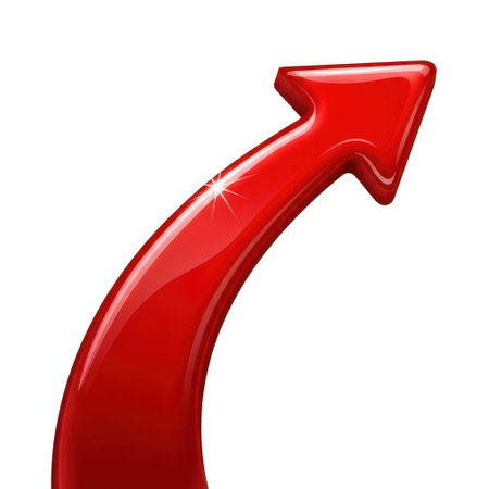 A striking, high-gloss red arrow curves gracefully upwards, symbolizing direction, progress, and positive momentum. This dynamic image is perfect for conveying growth and success.の素材