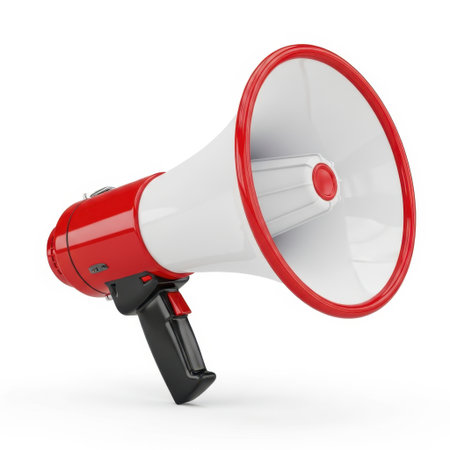 A classic red and white megaphone featuring a red rim and a black handle. This portable communication device is ready for making loud announcements, public speaking, or amplifying your voice.の素材