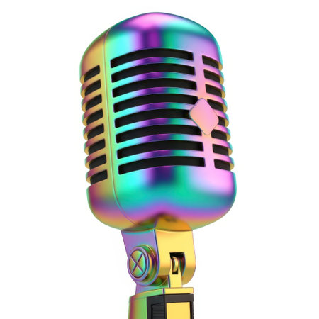 A vibrant and eye-catching retro-style microphone featuring a stunning rainbow chrome finish. This classic design evokes a sense of nostalgia, perfect for vocal recording, podcasting, or adding a unique visual flair to any performance setup. Its metallic sheen and intricate detailing make it a standout piece for musicians and content creators.の素材