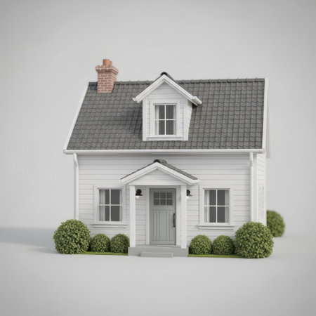 A beautifully rendered image of a quaint white cottage, featuring a classic pitched roof, dormer window, and a welcoming entryway. Lush green bushes frame the house, adding a touch of natural beauty to this inviting residential scene, perfect for real estate or home decor concepts.の素材