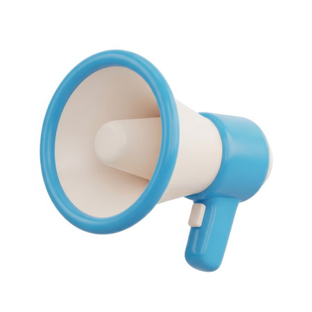 A vibrant blue and white megaphone, a symbol of public address and communication. This isolated image captures the essence of announcement and broadcasting, perfect for media or promotional content.の素材