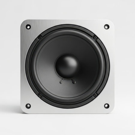 This close-up image showcases a powerful audio speaker driver featuring a black cone and a sturdy silver metal frame with mounting holes. Its design suggests superior sound reproduction, making it ideal for home audio systems, studio monitors, or custom speaker builds.の素材
