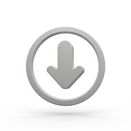 A clear and concise graphic of a downward-pointing arrow enclosed within a circular border. The icon has a smooth, textured appearance and casts a soft shadow, giving it a subtle sense of depth and making it suitable for various digital interfaces and presentations.の素材