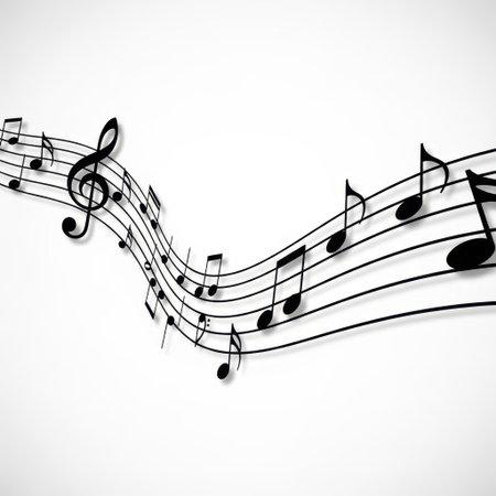 This image features a beautiful arrangement of black musical notes and clefs flowing dynamically along staff lines. It evokes the creativity and artistry inherent in music creation and performance.の素材