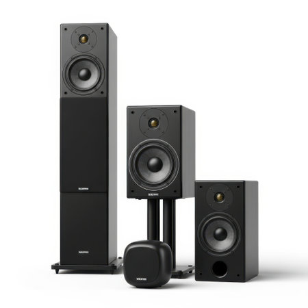Experience immersive sound with this contemporary set of black speakers. Featuring a tall tower speaker, compact bookshelf speakers, and a powerful subwoofer, this collection is designed to deliver exceptional audio quality for any home entertainment setup. Perfect for music lovers and movie enthusiasts alike.の素材
