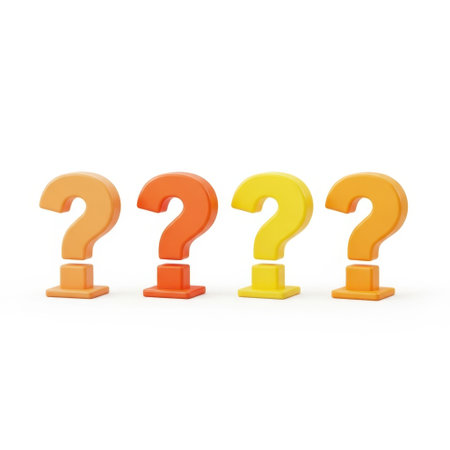 A visually striking composition featuring four vibrant 3D question marks arranged in a horizontal line. The question marks transition in color from orange to yellow, creating a sense of progression and curiosity. This image is ideal for conveying concepts related to questions, problems, or the unknown in a dynamic and engaging way.の素材