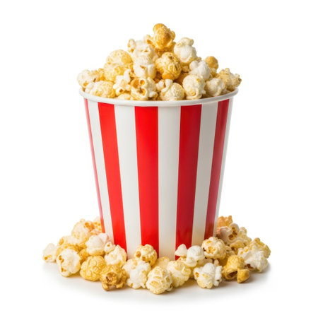 A generous serving of freshly popped popcorn spills out of a vintage-style striped container. Perfect for movie nights or snack time enjoyment this image captures the irresistible appeal of this popular treat.の素材