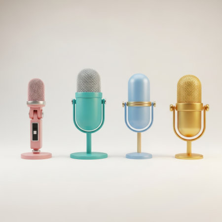 A charming lineup of four microphones, each with a distinct retro aesthetic and a cheerful pastel color palette. From left to right, the microphones are colored pink, turquoise, light blue, and gold, presented on individual stands against a softly lit, neutral background, evoking a sense of vintage charm and creative expression.の素材
