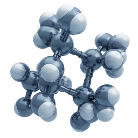 A highly detailed 3D rendering of a molecule showcasing its intricate structure and interconnected atoms. The model features spheres representing atoms in various shades of blue and white, linked by dark grey rods indicating chemical bonds. This visual offers a clear representation of molecular architecture and chemical bonding.の素材