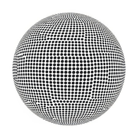 This captivating image showcases a monochromatic sphere with a textured surface composed of numerous small dots arranged in a grid. The distribution of these dots creates a striking optical illusion of three-dimensional depth and subtle curvature, making it an ideal abstract visual for digital design and creative projects.の素材