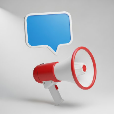 A clean 3D render of a red and white megaphone. A vibrant blue speech bubble floats above it, signifying a broadcast message or announcement. Perfect for communication and marketing themes.の素材