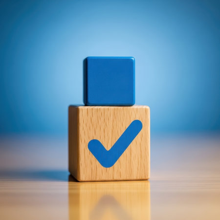 A simple yet impactful image featuring a wooden block with a prominent blue check mark, topped by a solid blue cube. This composition conveys a sense of accomplishment, approval, and task completion, perfect for business, education, or personal goal tracking themes.の素材