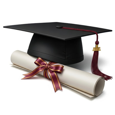 A classic graduation cap and a rolled diploma tied with a festive red ribbon and bow. This imagery represents academic success, commencement ceremonies, and the culmination of educational journeys. It evokes feelings of accomplishment and future opportunities for graduates.の素材