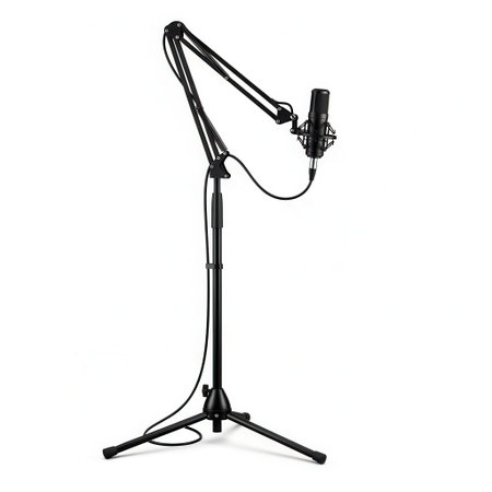 This image showcases a high-quality studio microphone mounted on a versatile, adjustable boom stand. Ideal for podcasts, music recording, voiceovers, and live streaming, this setup provides flexibility and optimal positioning for clear audio capture. The robust stand ensures stability for professional sound production.の素材