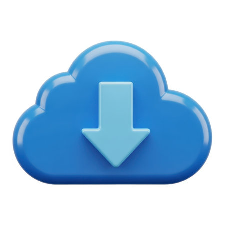A vibrant blue cloud icon with a prominent light blue downward arrow at its center. This graphic symbolizes cloud computing services data download operations digital storage and cloud-based file transfer.の素材