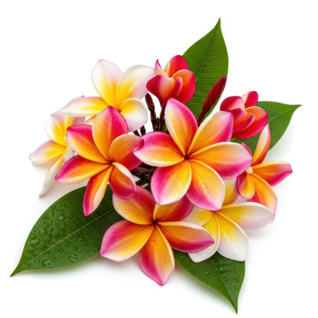 A delightful arrangement of colorful plumeria flowers featuring shades of pink yellow and orange with lush green leaves. This tropical floral composition is presented cleanly against a white backdrop perfect for conveying natural beauty and summery vibes.の素材