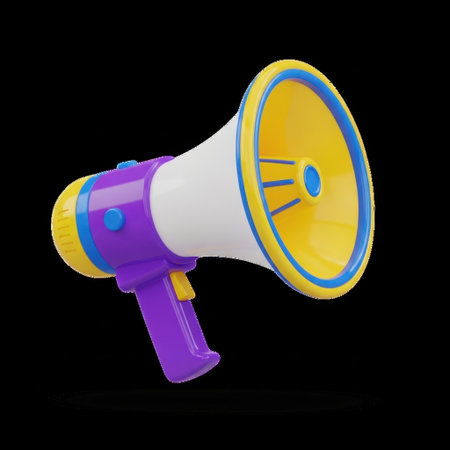 A colorful plastic megaphone toy, featuring a purple handle and blue accents, with a bright yellow and blue bell. This fun item is perfect for imaginative play, broadcasting messages, or making loud announcements. Its cheerful design evokes excitement and public speaking.の素材