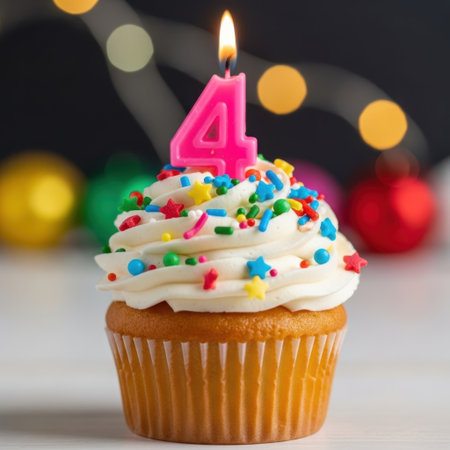 A delicious vanilla cupcake topped with creamy white frosting and a vibrant assortment of rainbow sprinkles. A bright pink candle shaped like the number four is lit, casting a warm glow. The background features soft, out-of-focus colorful bokeh lights, creating a festive and celebratory atmosphere perfect for a birthday.の素材
