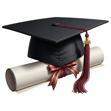 A classic black graduation cap is placed atop a rolled diploma tied with a ribbon and tassel. This iconic academic symbol represents the culmination of hard work, learning, and the achievement of educational milestones. It's a powerful visual for commencement ceremonies, academic awards, and educational institutions.の素材