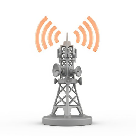 A detailed, grayscale 3D rendering of a cellular communication tower stands tall, emitting vibrant orange radio wave patterns upwards. The tower features multiple antennas and a sturdy base, symbolizing connectivity and wireless technology for modern communication networks.の素材