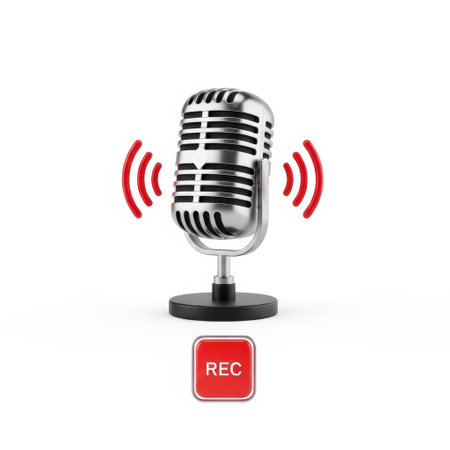 A classic silver vintage microphone is depicted, radiating sound waves indicating active audio. Below it sits a prominent red 'REC' button, symbolizing recording. This image evokes a sense of broadcasting, podcasting, music production, and classic audio capture.の素材
