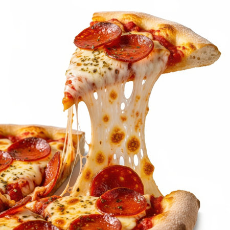 A mouthwatering close-up of a pepperoni pizza slice, lifted to reveal generous strands of melted mozzarella cheese stretching enticingly. This appetizing image captures the deliciousness of classic pizza, perfect for food blogs, menus, or culinary promotions.の素材