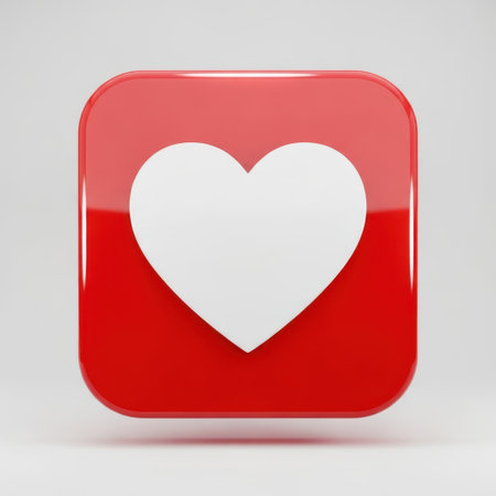 A striking digital rendering of a glossy red square with rounded corners. At its center, a bright white heart shape stands out, symbolizing love, affection, and favorite status. This icon evokes feelings of care and positive engagement.の素材