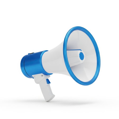 A striking blue and white megaphone is depicted, isolated against a clean backdrop. Its classic design suggests a powerful tool for broadcasting messages, attracting attention, and communicating important information. Perfect for advertising, rallies, or public address.の素材