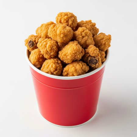 A close-up shot showcases a vibrant red container brimming with golden-brown crispy fried chicken bites. Each piece is perfectly coated and appears irresistibly crunchy, promising a savory and satisfying snack or meal.の素材