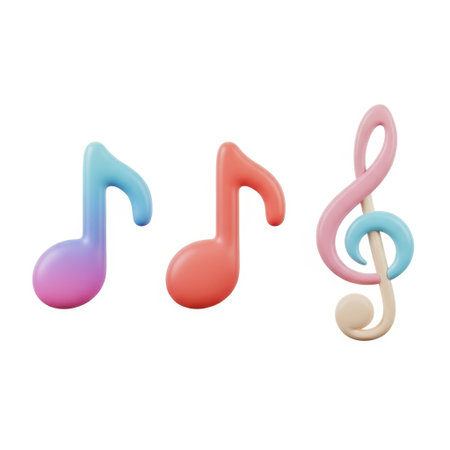 A vibrant collection of musical symbols including a quarter note, eighth note, and treble clef, rendered in soft gradient colors, perfect for artistic projects.の素材