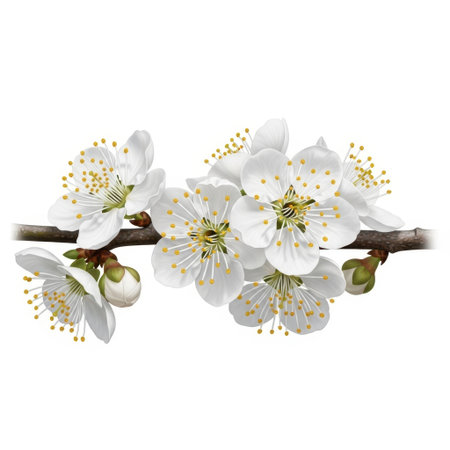 A close-up view of a cluster of white cherry blossoms adorning a thin branch. The delicate petals and intricate stamens are rendered with fine detail, showcasing the ephemeral beauty of spring. The blossoms appear to be in full bloom, suggesting a celebration of renewal and natural elegance.の素材