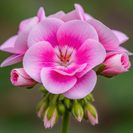 A beautiful and detailed close-up shot of a blooming pink geranium. The soft, velvety petals are showcased in exquisite detail, with darker pink veins leading to the flower's center. Several tightly furled buds hint at future blooms, promising more floral beauty. The out-of-focus green background accentuates the flower's natural charm.の素材