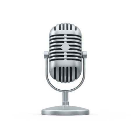 A classic retro microphone with a polished silver finish stands ready. Its iconic design evokes a sense of nostalgia and quality, perfect for capturing audio for podcasts, music, interviews, or broadcasts. This timeless piece of equipment is a symbol of vocal performance and sound creation.の素材