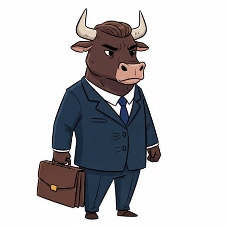 A stylized cartoon bull dressed in a formal dark suit and tie stands holding a leather briefcase. This anthropomorphic bull exudes a confident and professional demeanor, making it an ideal character for finance, business, or investment-related themes.の素材