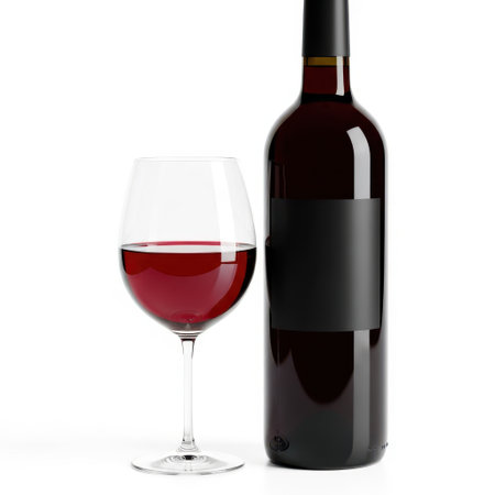 Experience the rich aroma and deep color of red wine with this classic bottle and perfectly filled glass. Ideal for special occasions or a relaxed evening.の素材